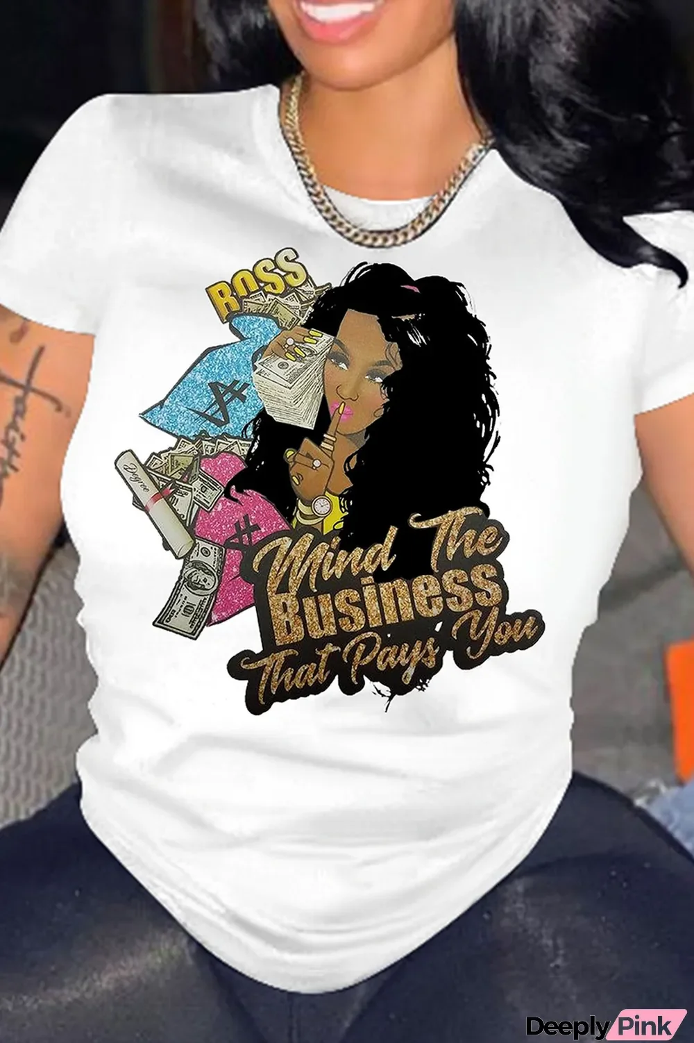 White Casual Print Split Joint O Neck T-Shirts