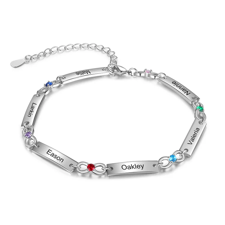 Custom Infinity Bracelet with Birthstones Engraved 6 Names Gifts for Her