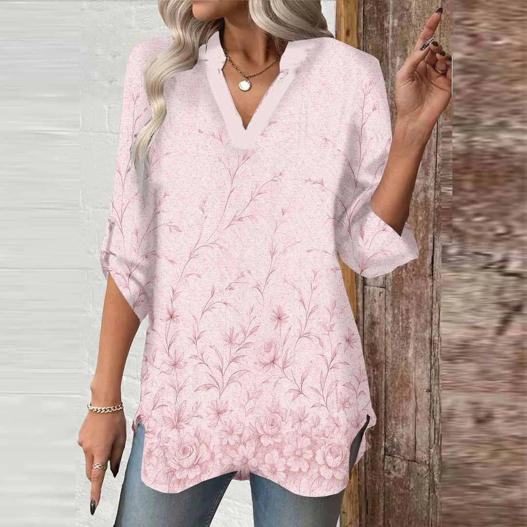 Women Pink, Floral DZGA0516 3/4 Sleeve V-neck Printed Graphic Button Tops