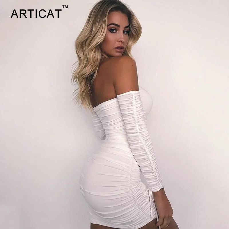 Articat Women Autumn Winter Bandage Dress Women 2020 Sexy Off Shoulder Long Sleeve Slim Elastic Bodycon Party Dresses Vestidos