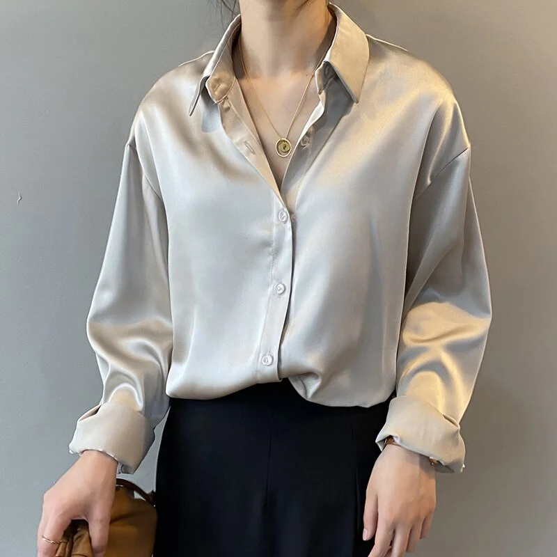 Satin Shirts Fashion Long Sleeve Blouse Women Autumn Vintage Button Up White Loose Woman's Shirts Female Silk Shirt Women 11355