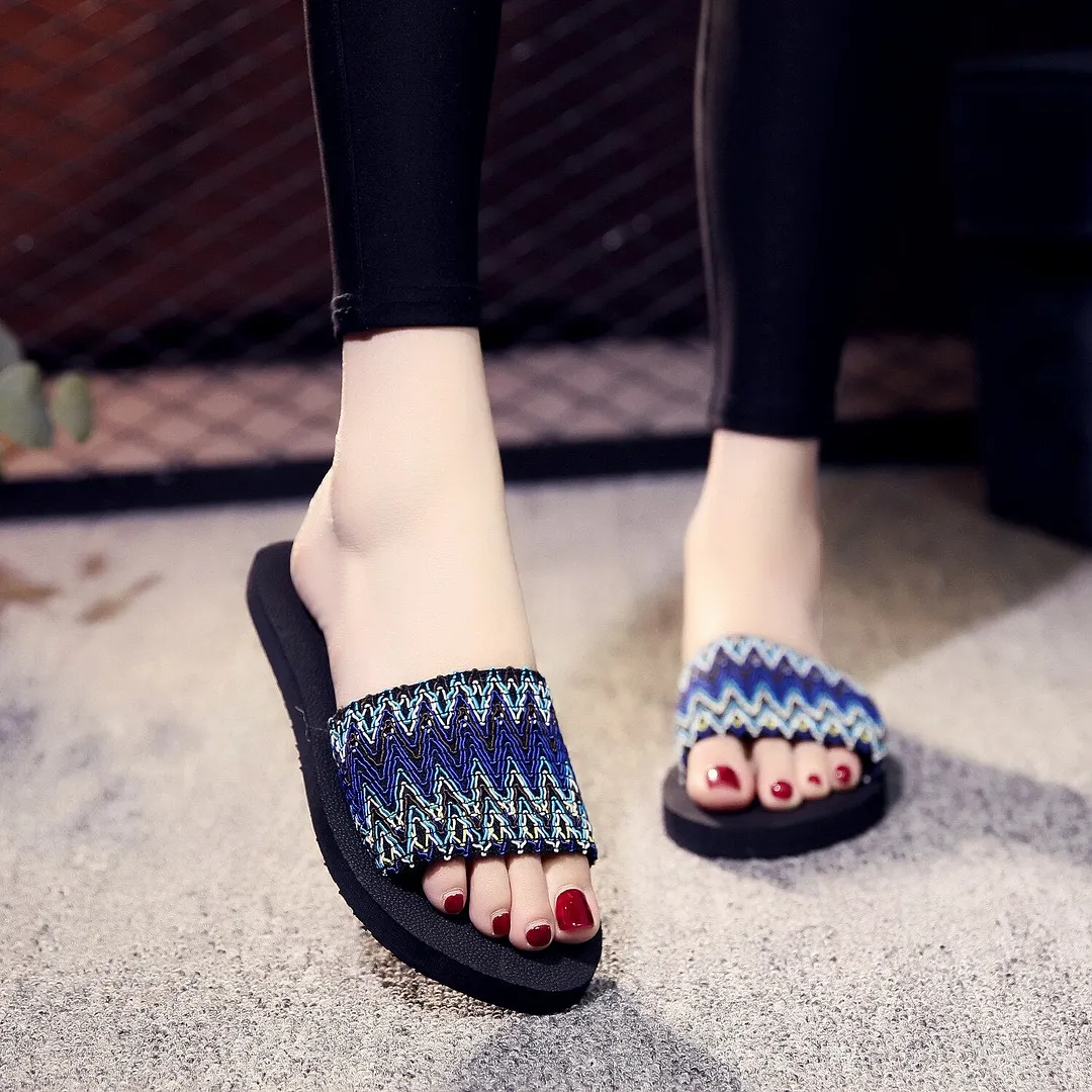 Women Shoes Summer Bohemia Floral Beach Sandals Pink Bow Slippers Flip Flops For Women Platform Sandals Beach Slippers 1.5CM