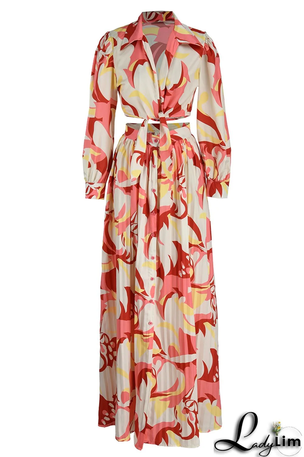 Red Fashion Casual Print Bandage Slit V Neck Long Sleeve Dresses