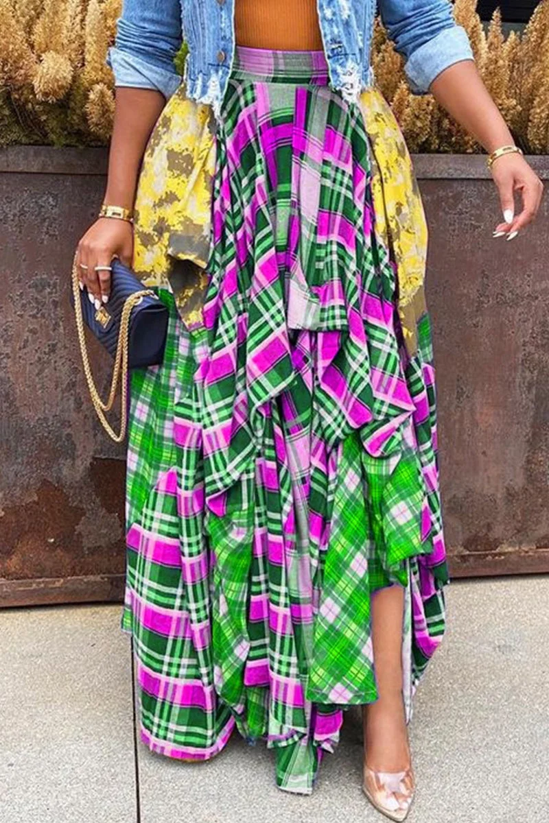 Fashion Casual Plaid Print Split Joint Regular High Waist Skirt