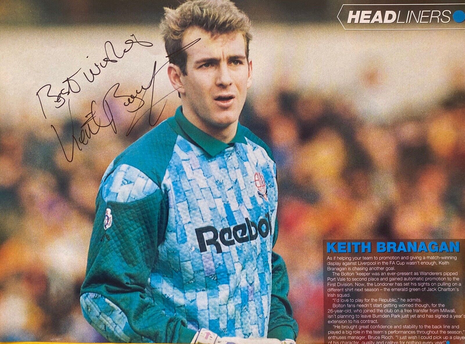 Keith Branagan Genuine Hand Signed Bolton Wanderers A4 Magazine Cut Out