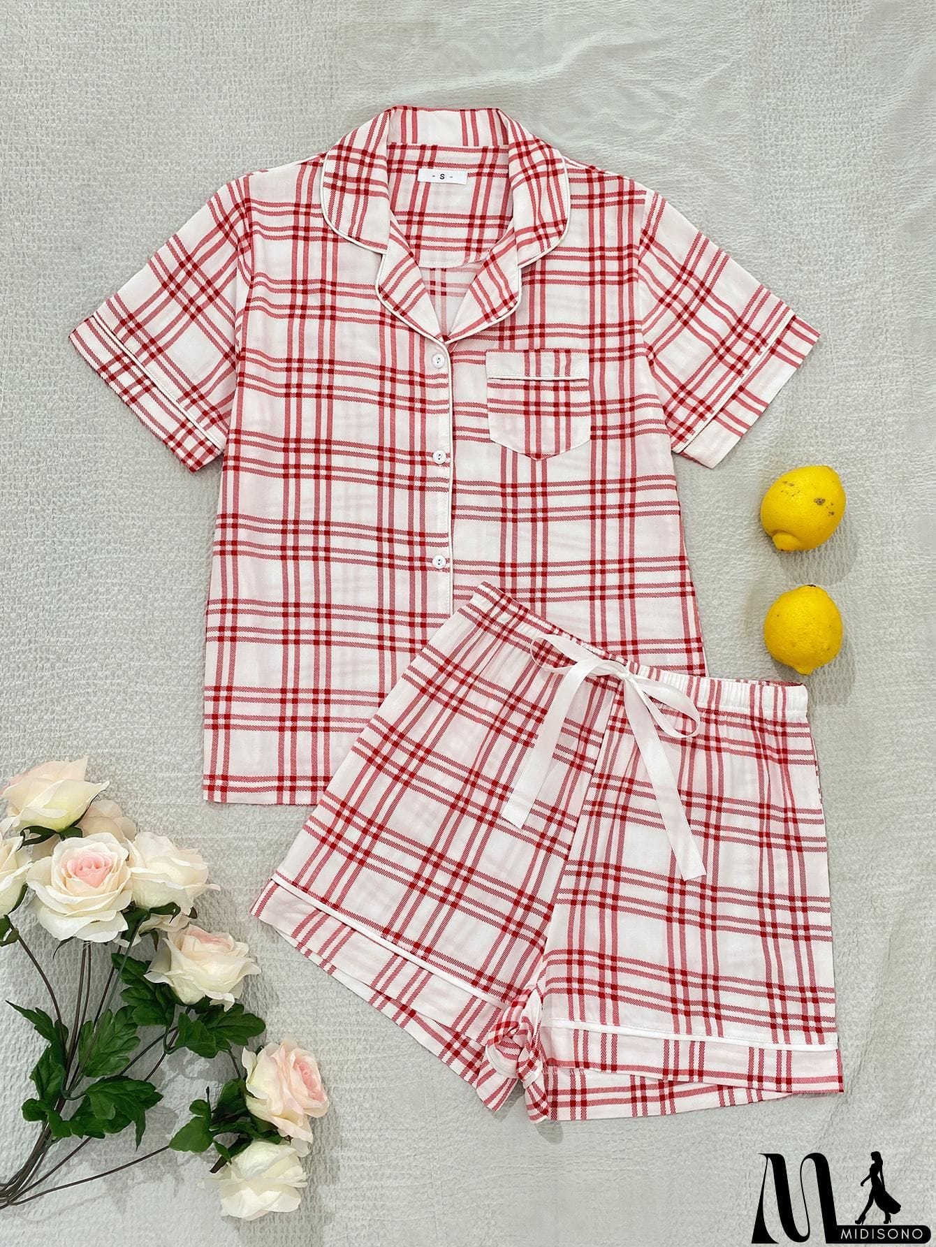 MidiSono - Plaid Lapel Collar Shirt and Shorts Lounge Set