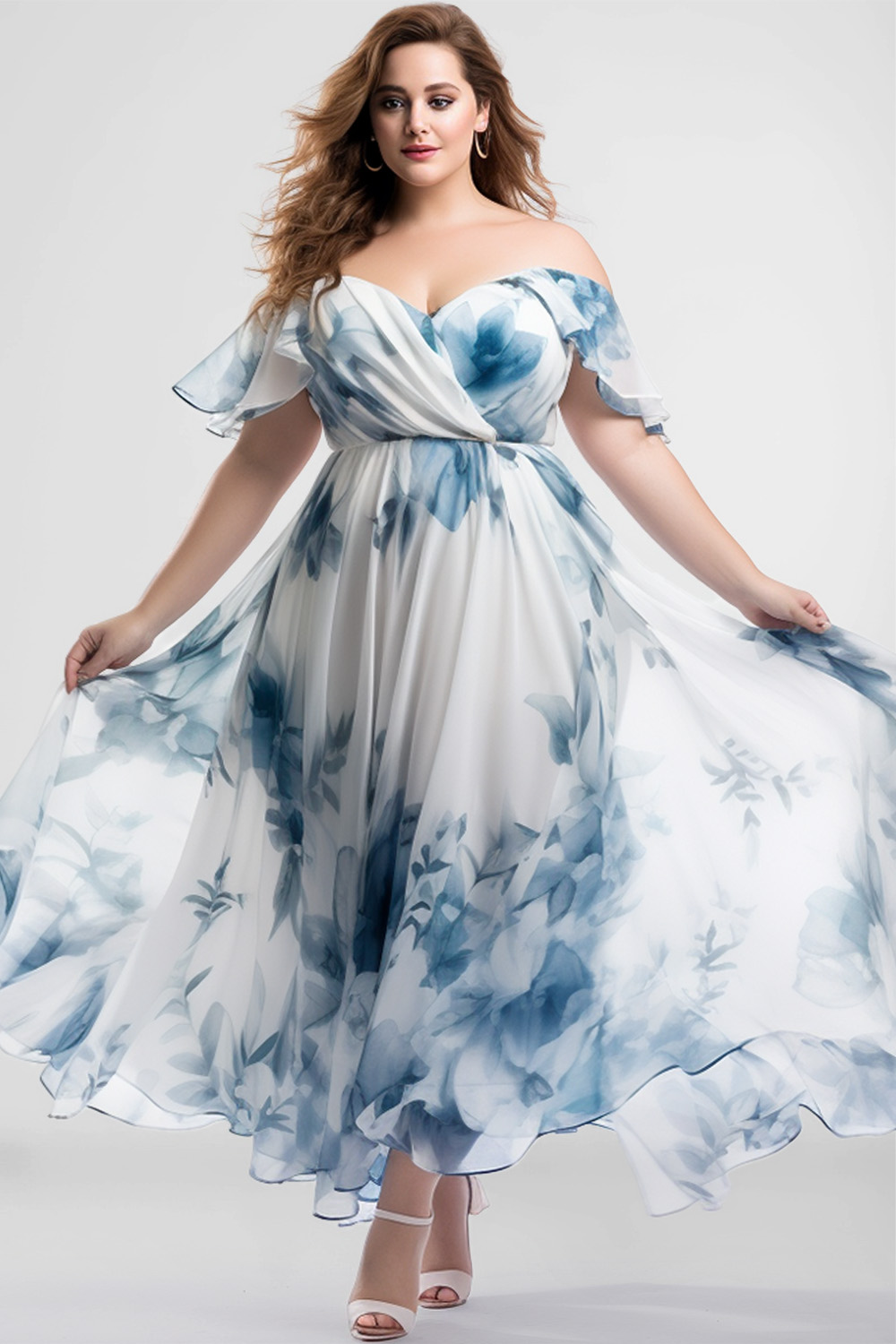 Flycurvy Plus Size Wedding Guest Blue Floral Print Off The Shoulder Empire Waist Maxi Dress