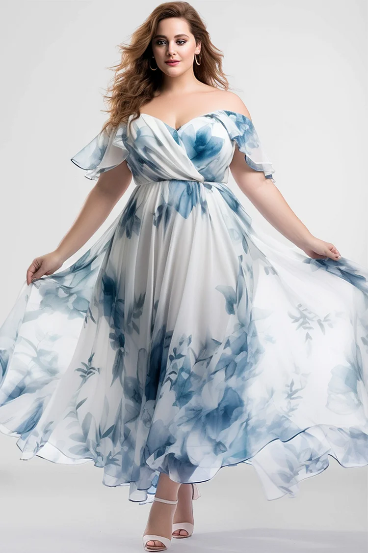 Flycurvy Plus Size Wedding Guest Blue Floral Print Off The Shoulder Empire Waist Maxi Dress  Flycurvy [product_label]