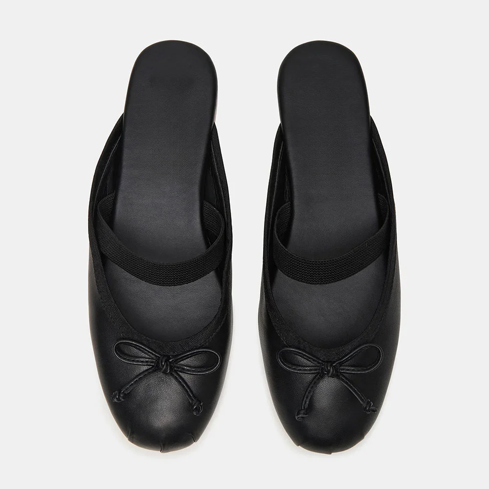 Black Round Toe Flat Ballet Slip On Mules for Women with Bow