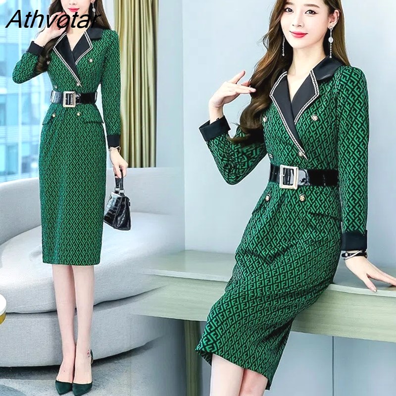 Athvotar Lady Elegant Slim Print Praty Dress Women Vintage Notched ...