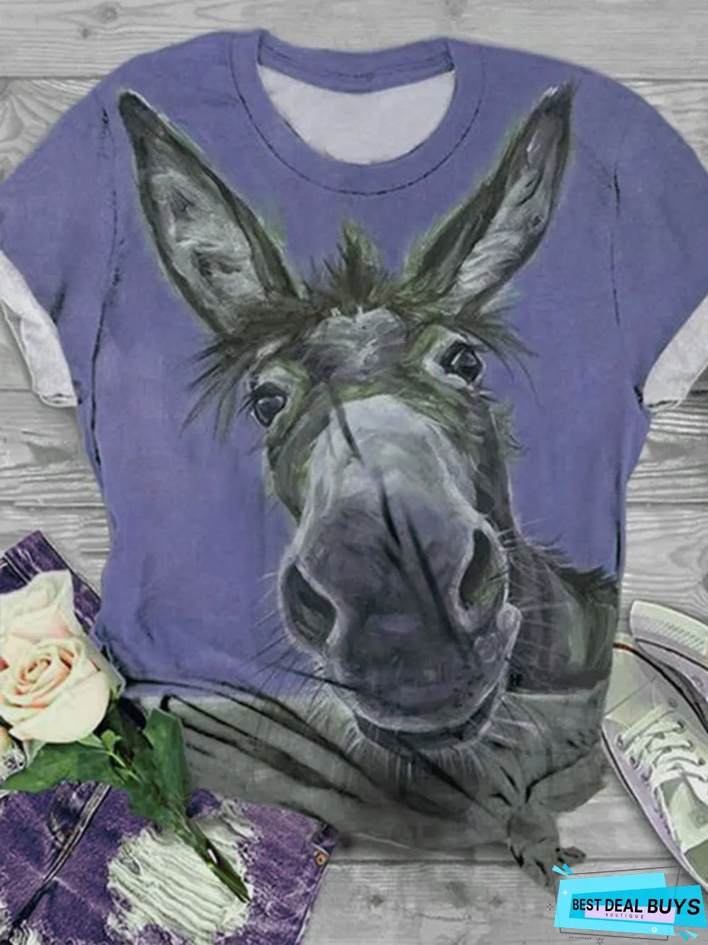 Cotton-Blend Animal Crew Neck Short Sleeve T-shirt