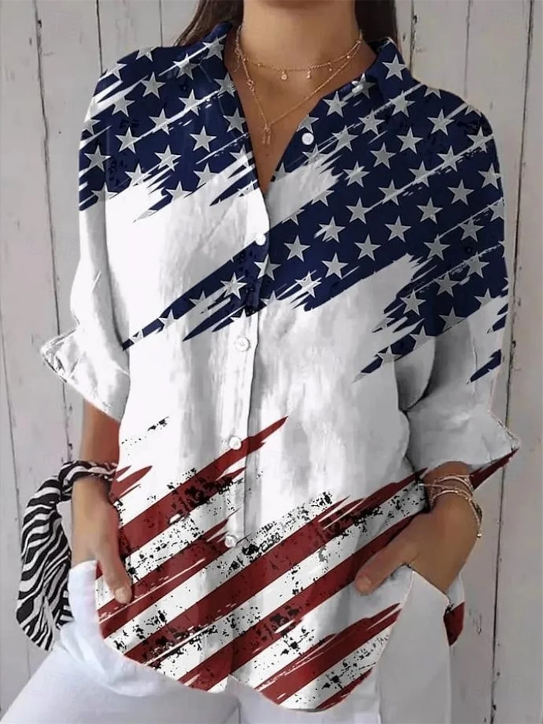 Women 3/4 Sleeve Shirt Collar National Flag Star Printed Graphic Button Tops
