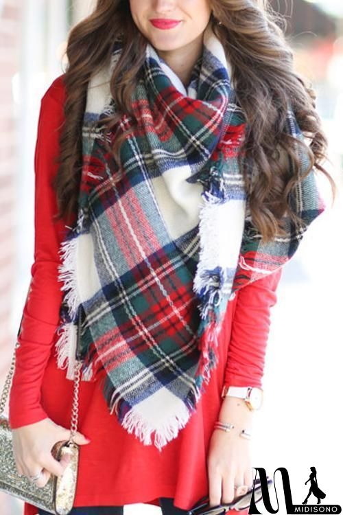 MidiSono - White Plaid Blanket Scarf