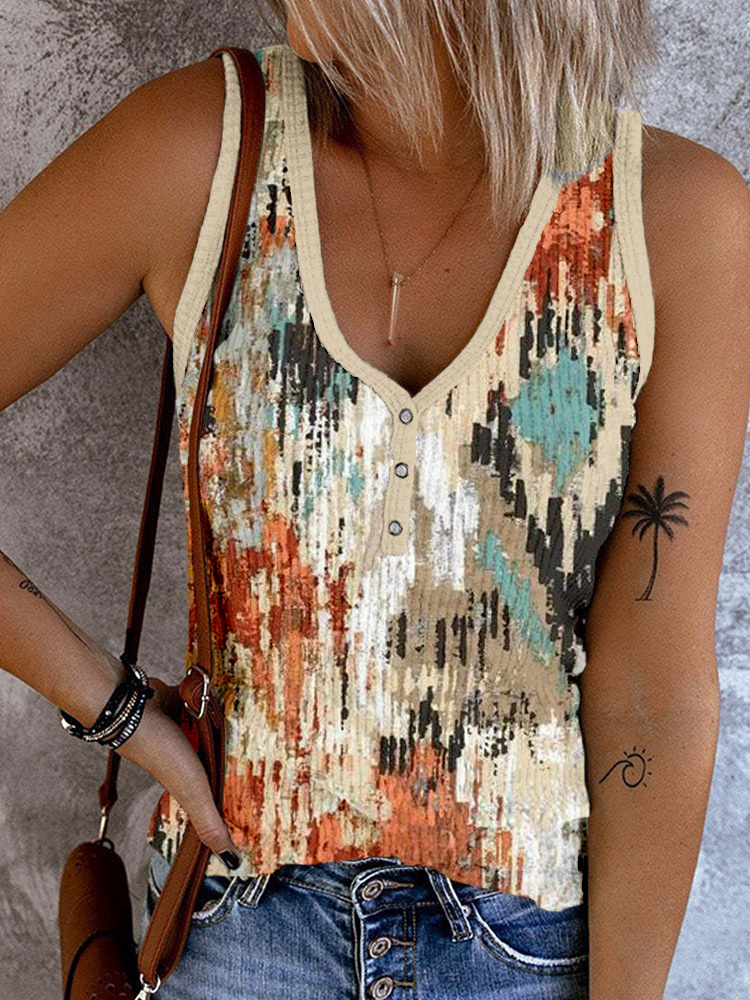  Vintage Abstract Aztec Pattern Button Up Tank Top Westsshops