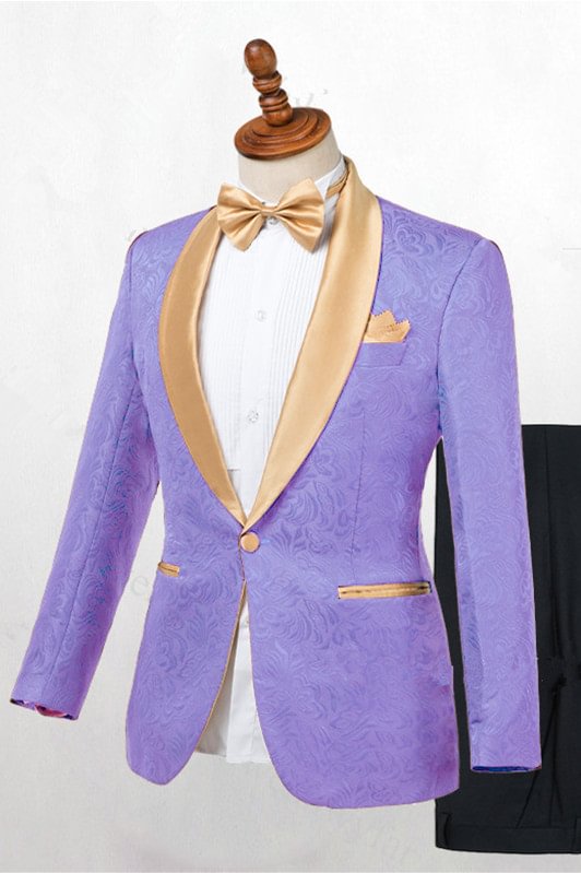 Handsome Lilac Shawl Lapel Wedding Suit With Floral Jacquard | Ballbellas Ballbellas