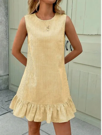 Women&rsquo;s Round Neck Sleeveless Vertical Striped Loose Straight Mini Dress With Ruffle Hem
