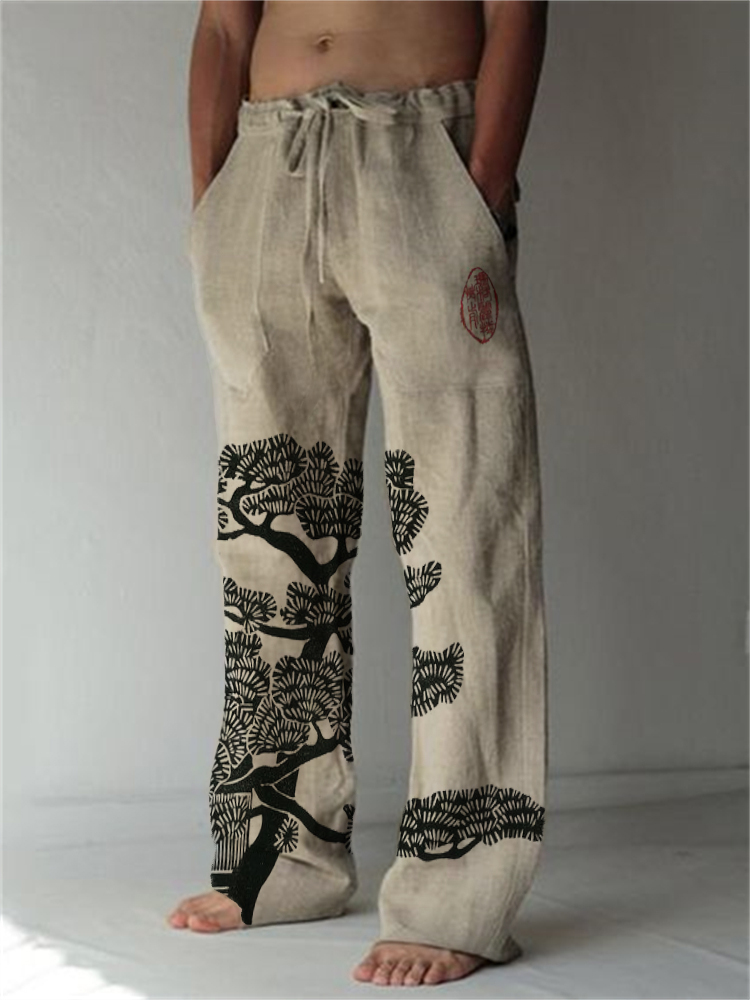 Pine Tree Japanese Lino Art Linen Blend Casual Pants wearshes