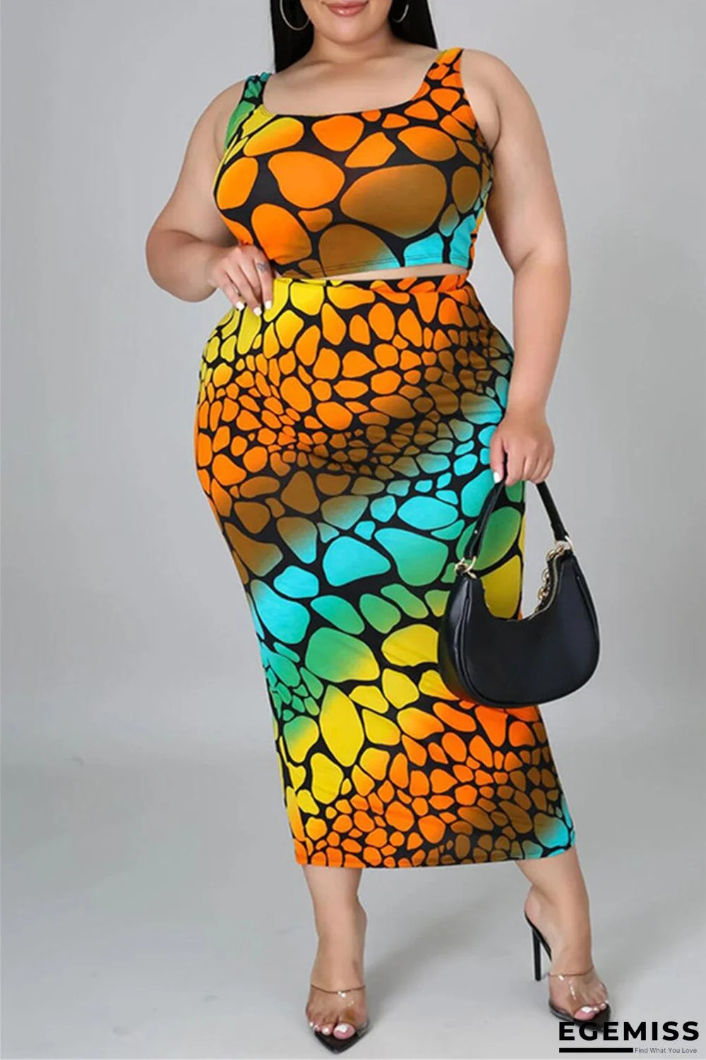 Orange Fashion Sexy Print Vests U Neck Plus Size Two Pieces | EGEMISS