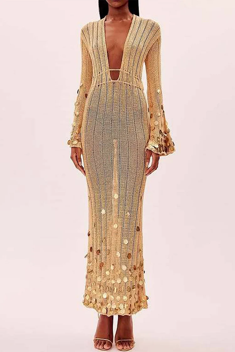 Deep V Neck Flare Sleeve Sequin Knitted Maxi Dress-Apricot
