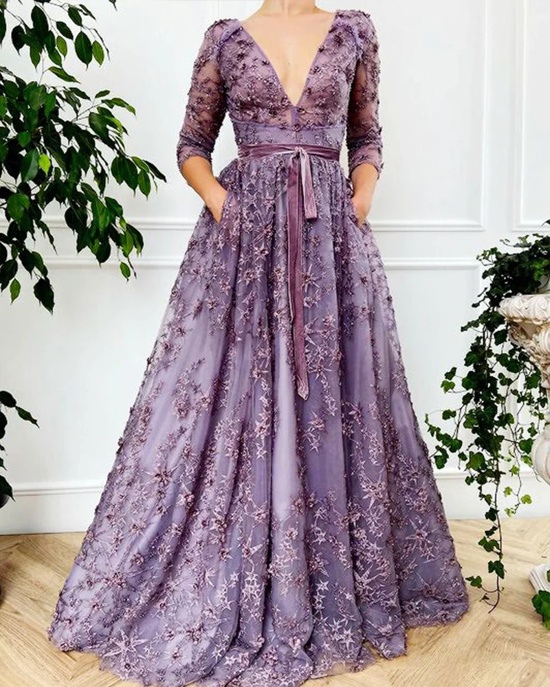 evening gown embroidered tulle V-neck maxi dress