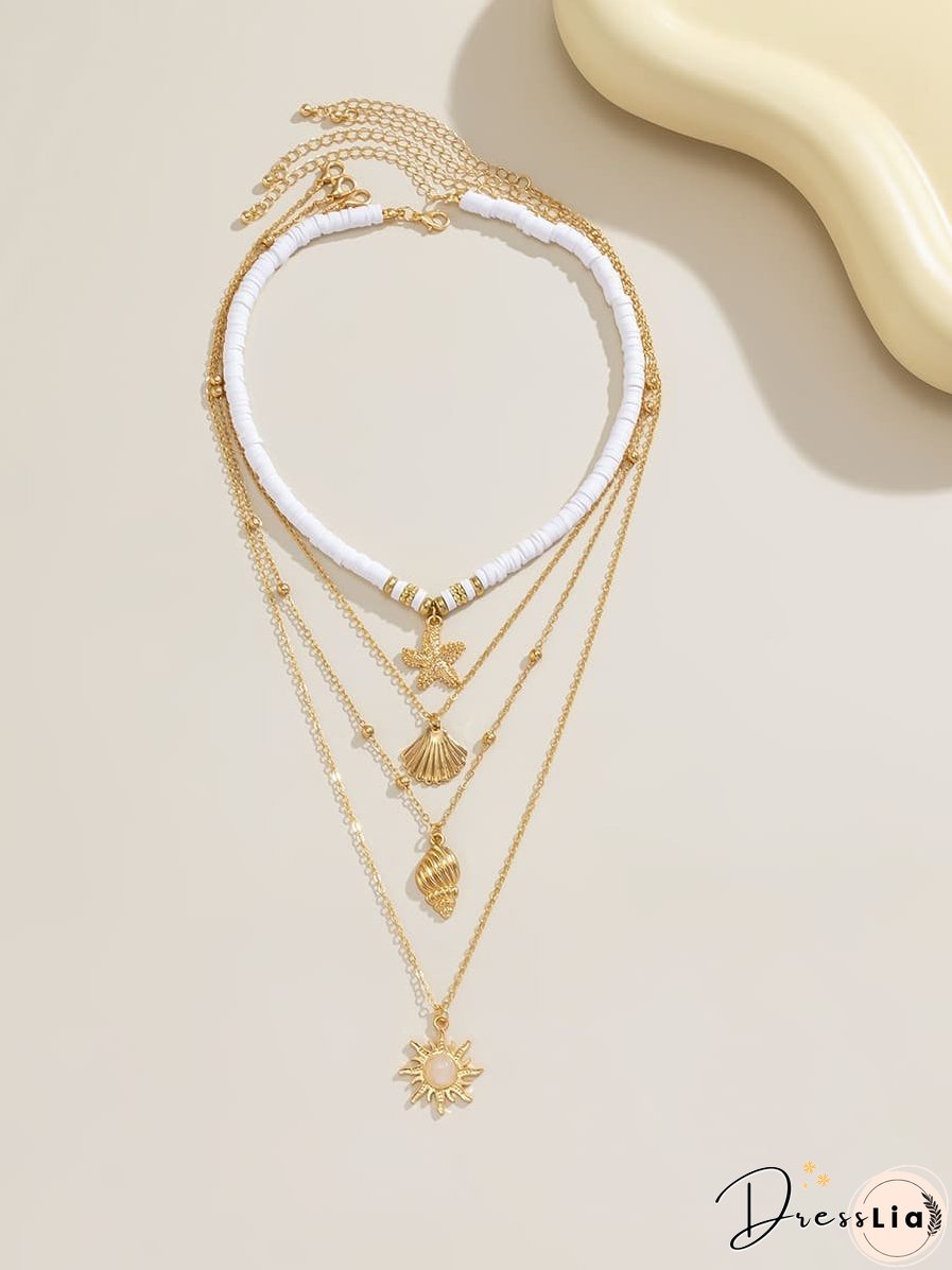 South Pacific Shell Starfish Multi-Layer Necklace Gold