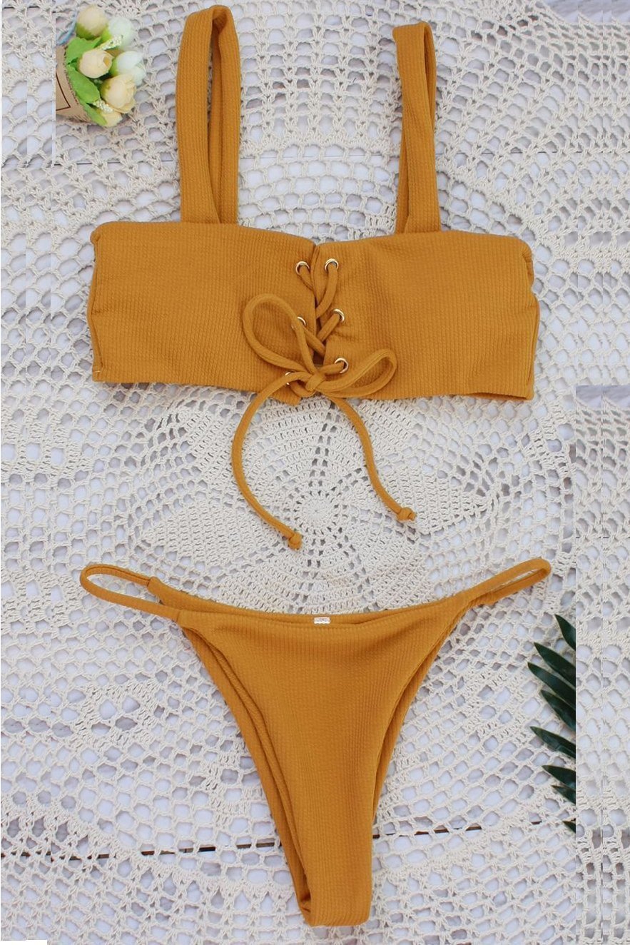 Yellow Strappy Lace Up High Cut Ribbed Thong Sexy Bikini Swimsuit-elleschic