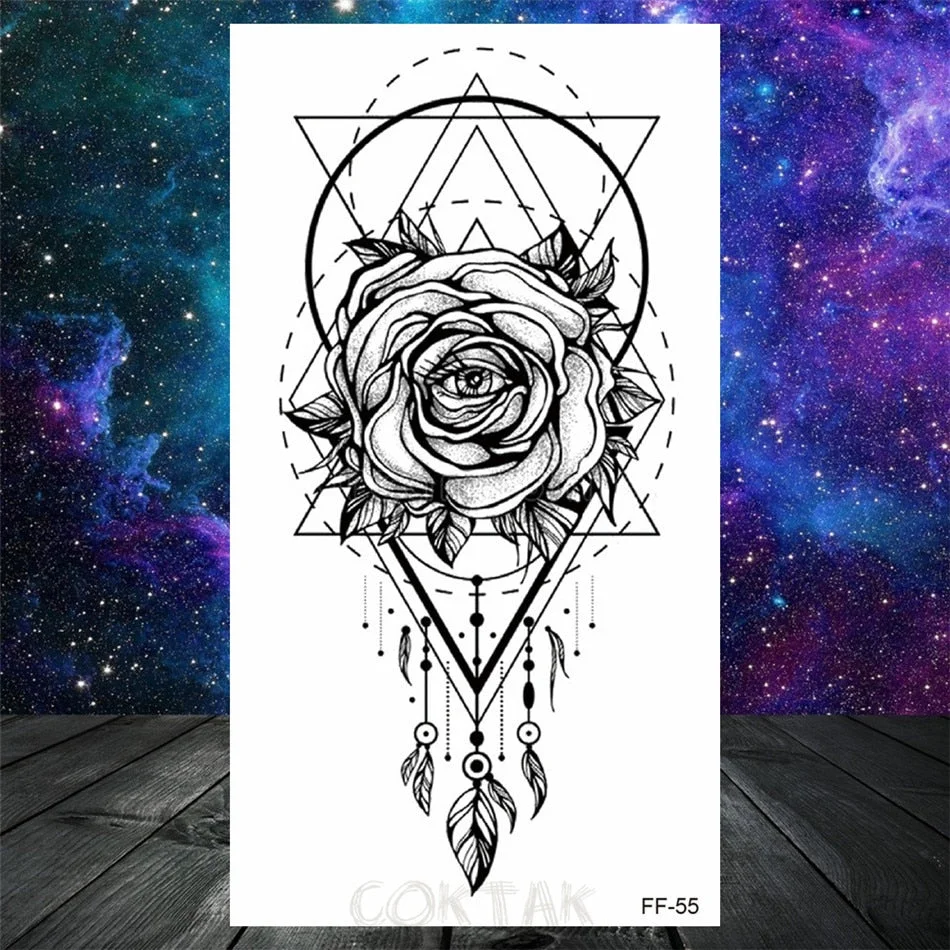 Owl Moth Jewelry Temporary Tattoo For Women Men Mandala Henna Flower Tattoo Mehndi Fake Pendants Geometric Tatoo Chest Back Lace