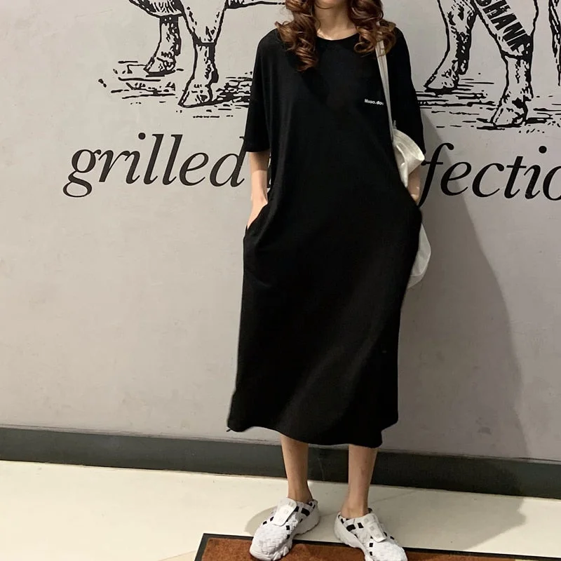 Hirsionsan Loose Summer Cotton Dresses Women 2020 Korean Harajuku Oversized Lady Long T Shirt Letter Print Casual Girl Dress