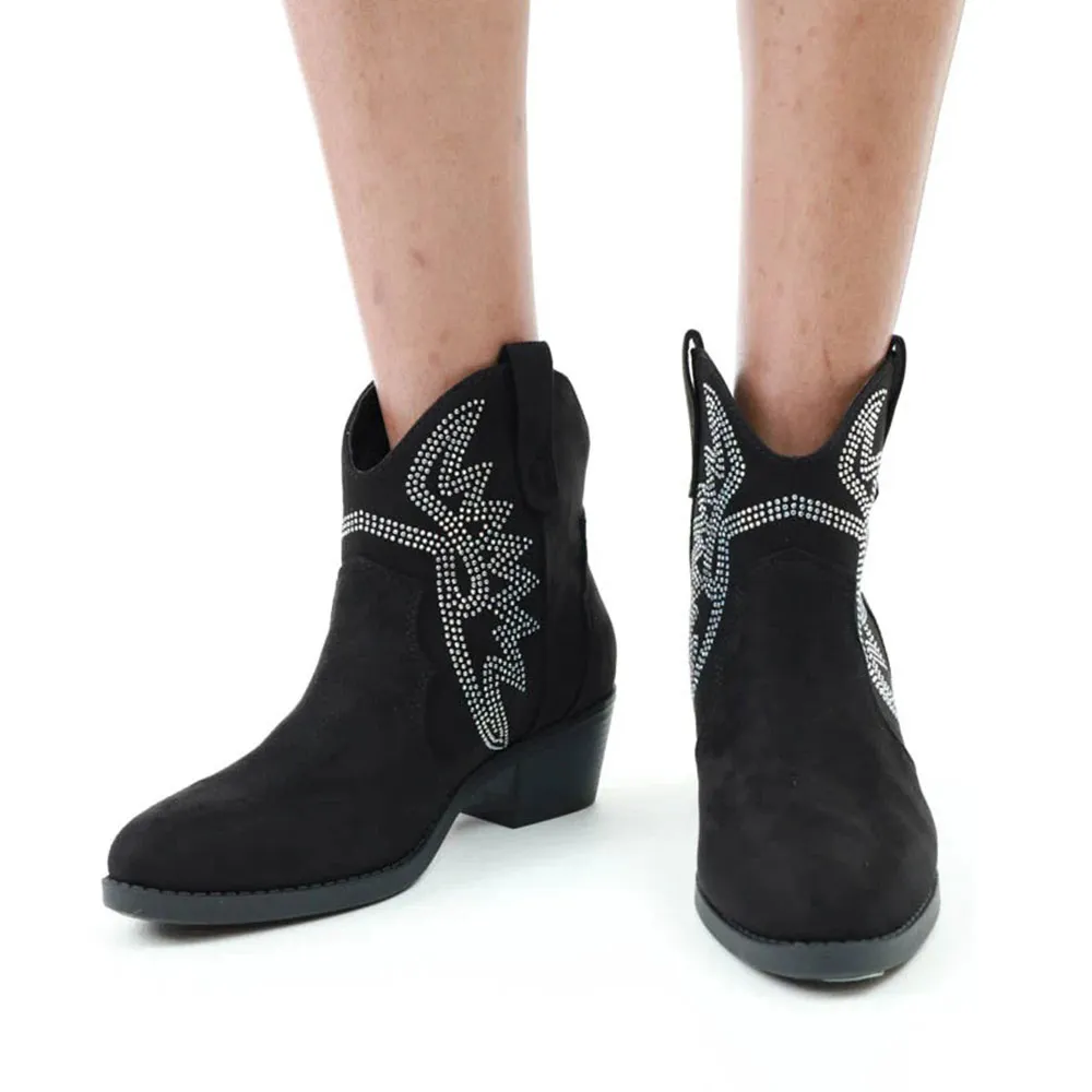 Women's Closed Toe Western Black Heel Booties with Rhinestones