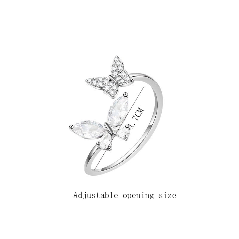 Sweet Shiny Butterfly Stainless Steel Inlay Zircon Open Rings