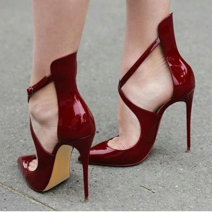 Burgundy Patent Leather Cross Over Stiletto Heels Pumps |FSJ Shoes
