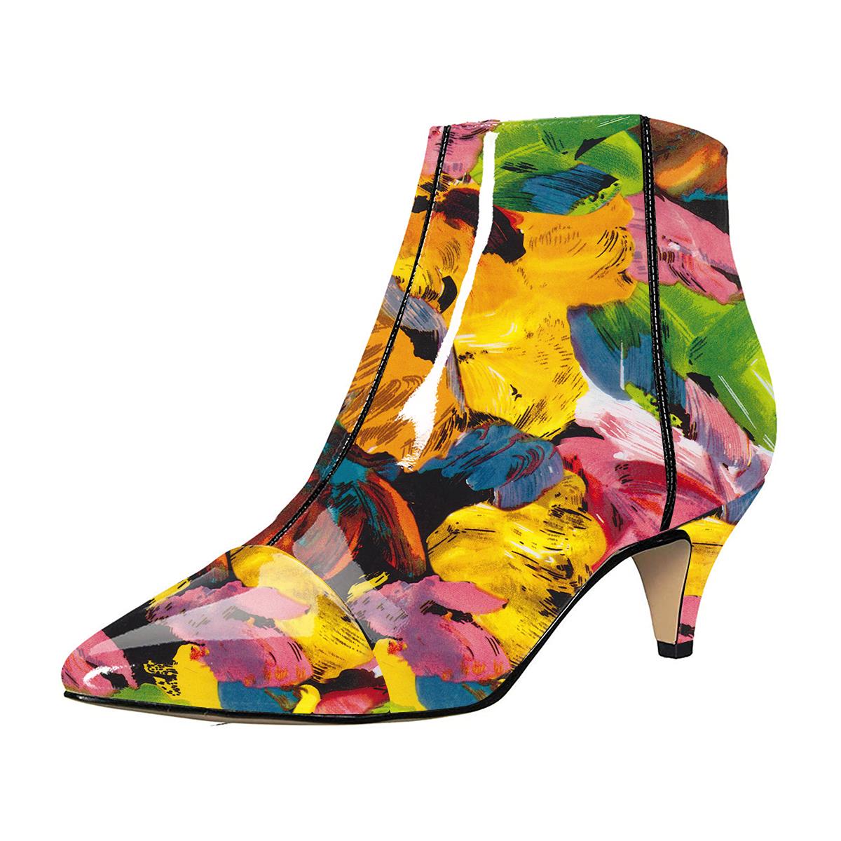 Multicolor Printed Pointed Toe Patent Leather Kitten Heel Ankle Boots Nicepairs