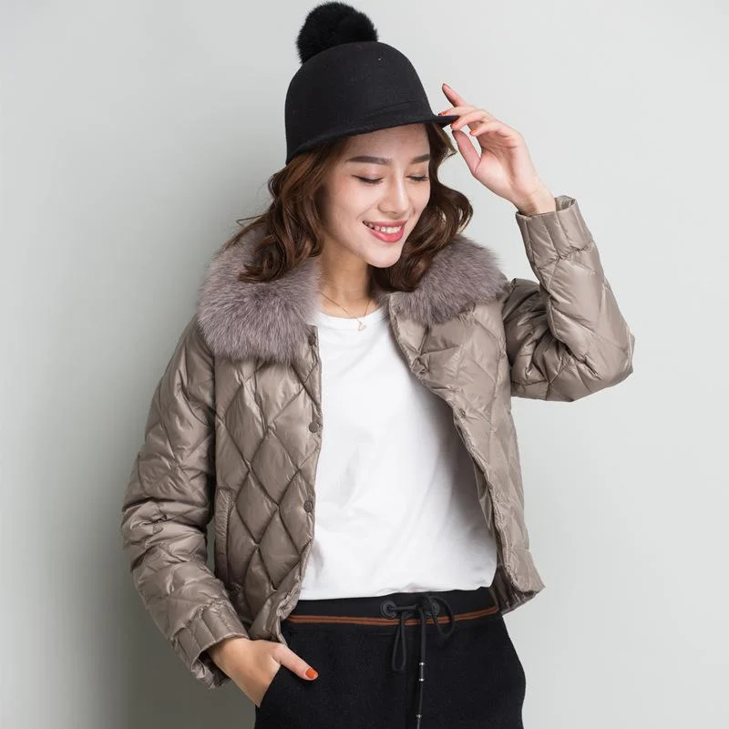 FTLZZ Women Real Collar Down Jacket Winter Warm Ultra Light Short Jacket White Duck Down Parka Elegant Coat Outwear