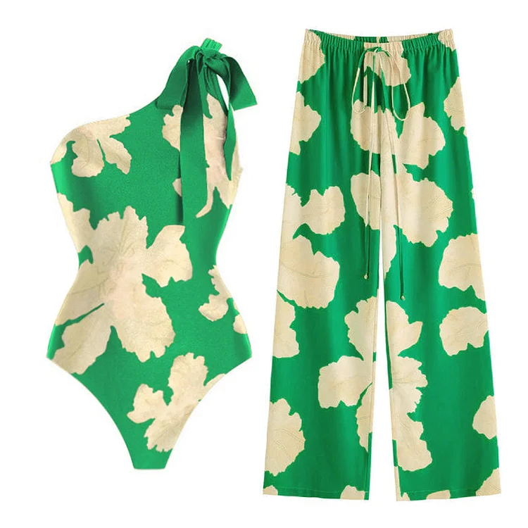 One Shoulder Printed One Piece Swimsuit and Cover Up