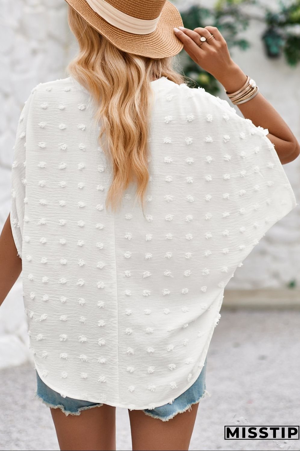 Swiss Dot Notched Half Sleeve Blouse