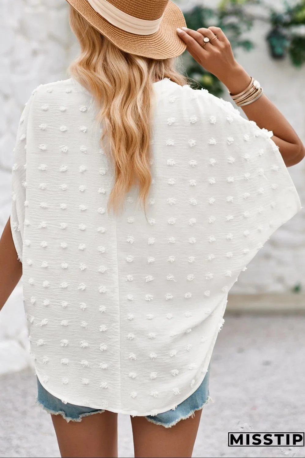 Swiss Dot Notched Half Sleeve Blouse