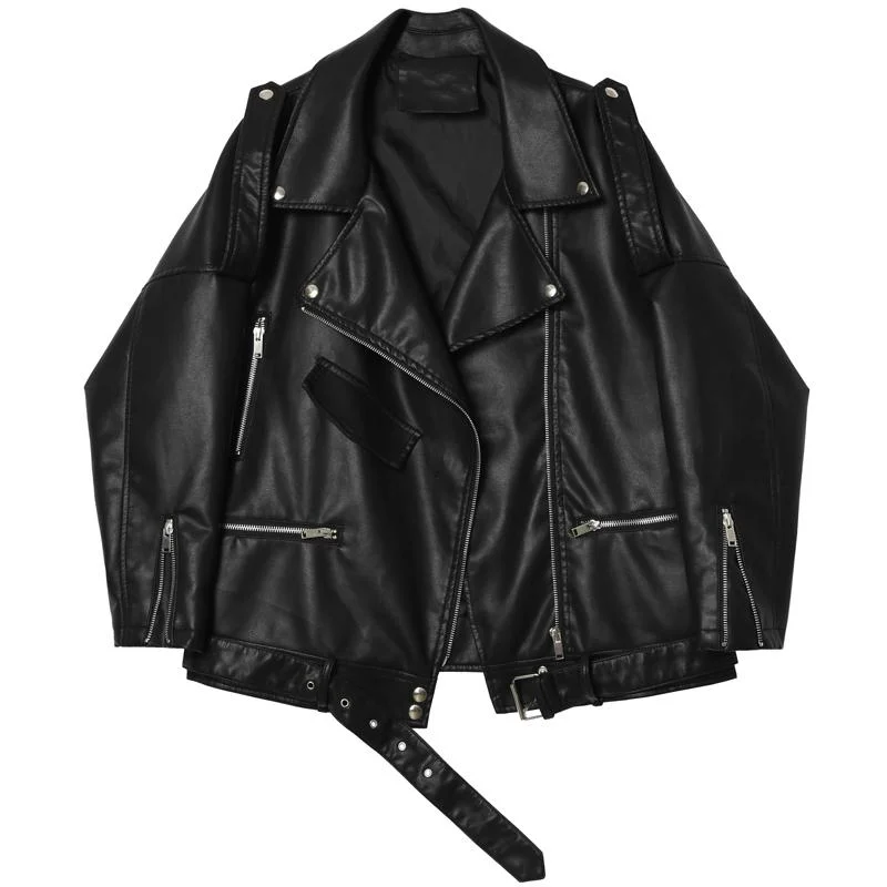 Fitaylor Autumn Women Faux Soft Leather Loose Jacket Coat Turndown Collar Zipper Pu Motorcycle Overcoat Female Rivet Punk Jacket