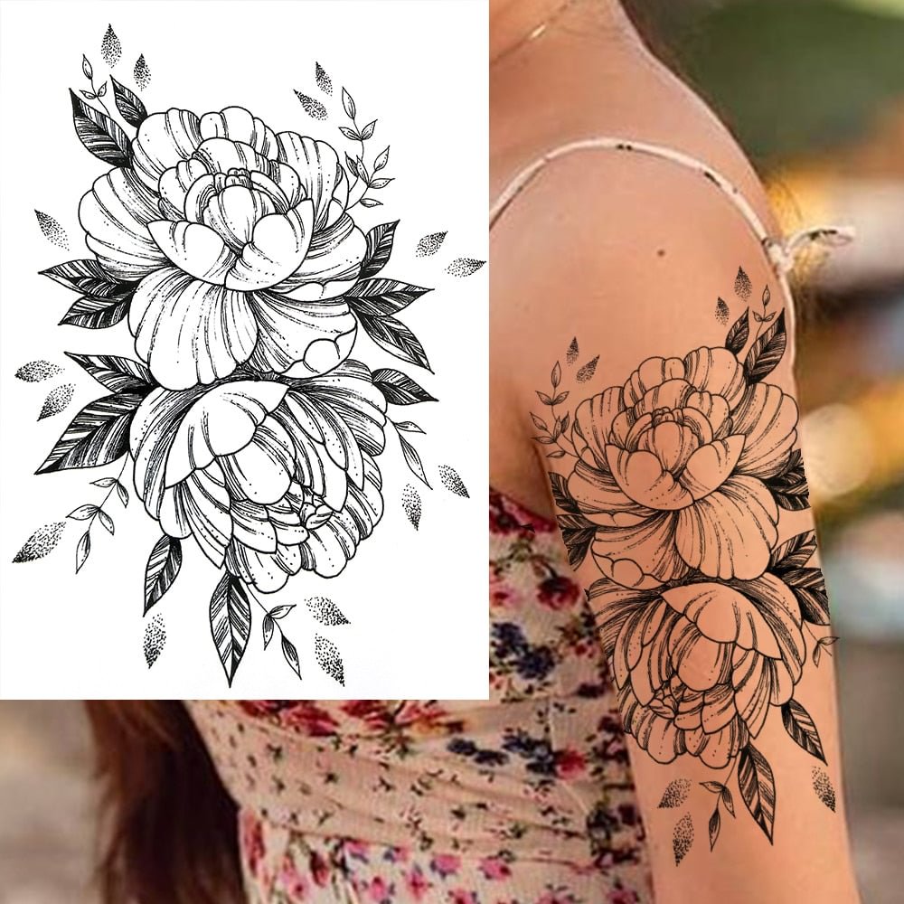 DIY Flower Temporary Tattoos For Women Girl Black Dahlia Anemone Peony Tattoo Sticker Leaf Fake Hot Sale Tatoos 3D Makeup Tools