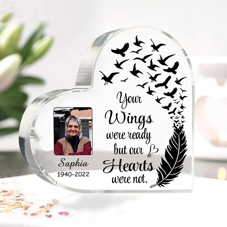 Personalized Memorial Acrylic Heart Keepsake Desktop Photo Ornament-Your Wings Were Ready But My Heart Wasn't-Special Memorial Gift