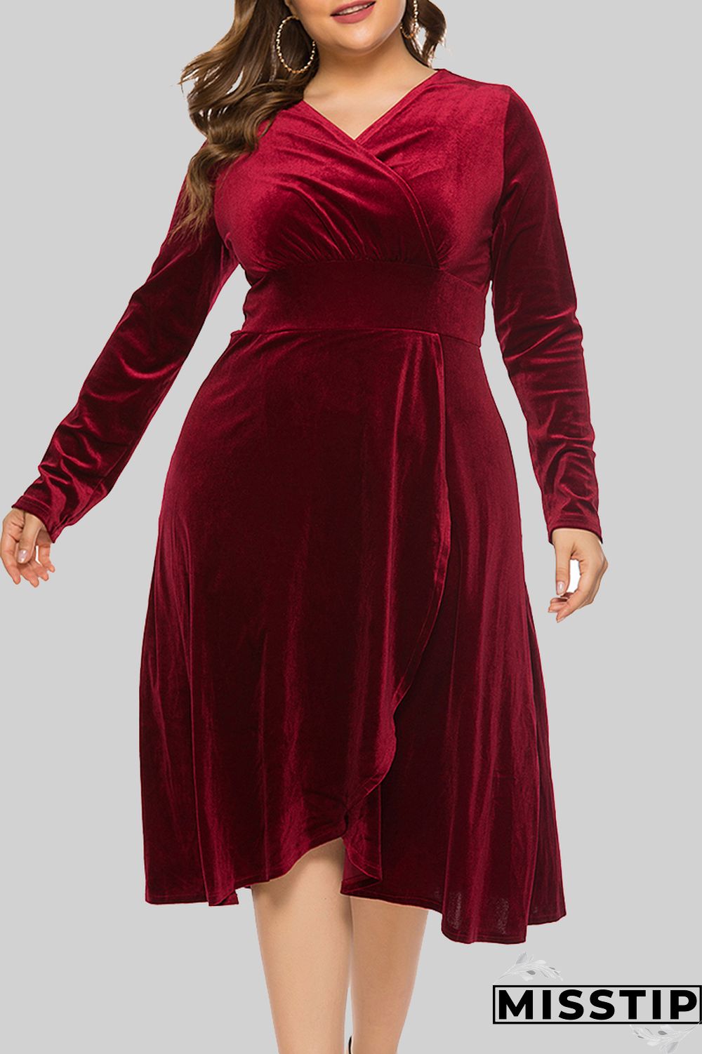 Burgundy Casual Solid Patchwork V Neck Long Sleeve Plus Size Dresses