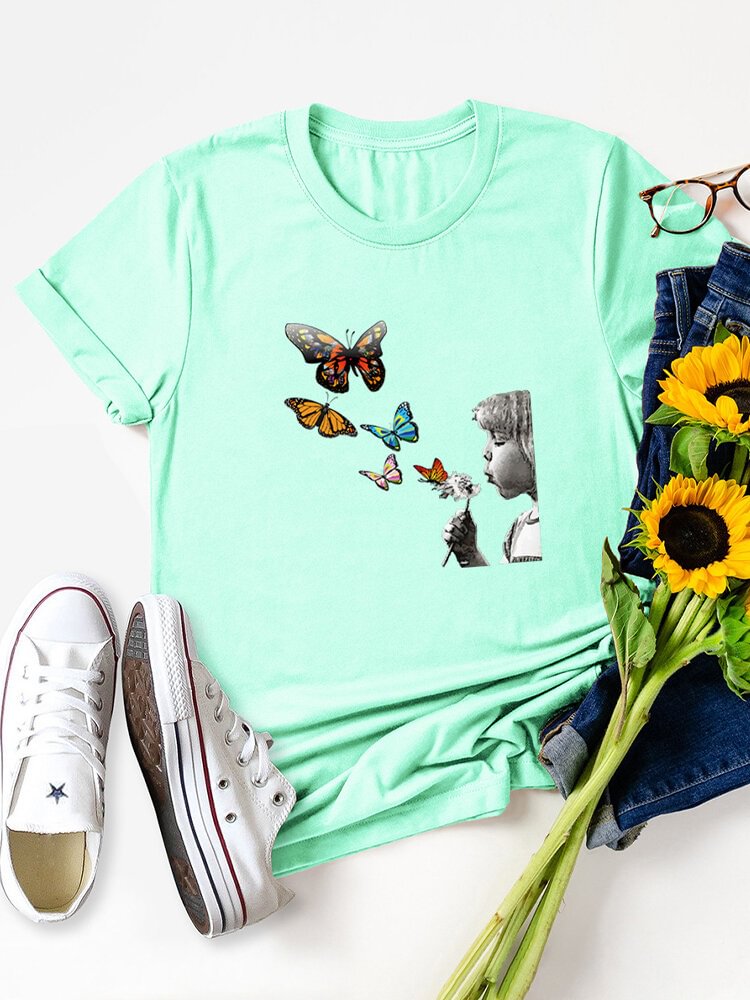 Butterfly Print O neck Short Sleeve Casual T shirt for Women P1797130