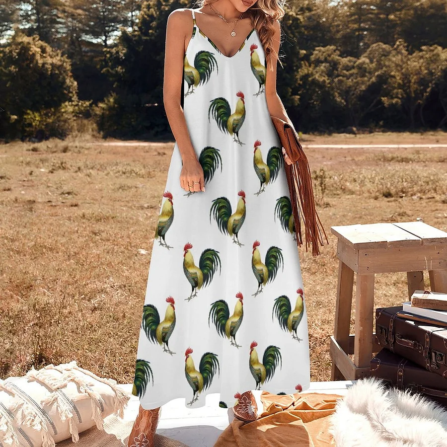 Vintage Country Farm Rooster Women's Casual Strappy V Neck Sleeveless Flowy Loose Long Maxi Beach Dress Sundress Vintage-3XL