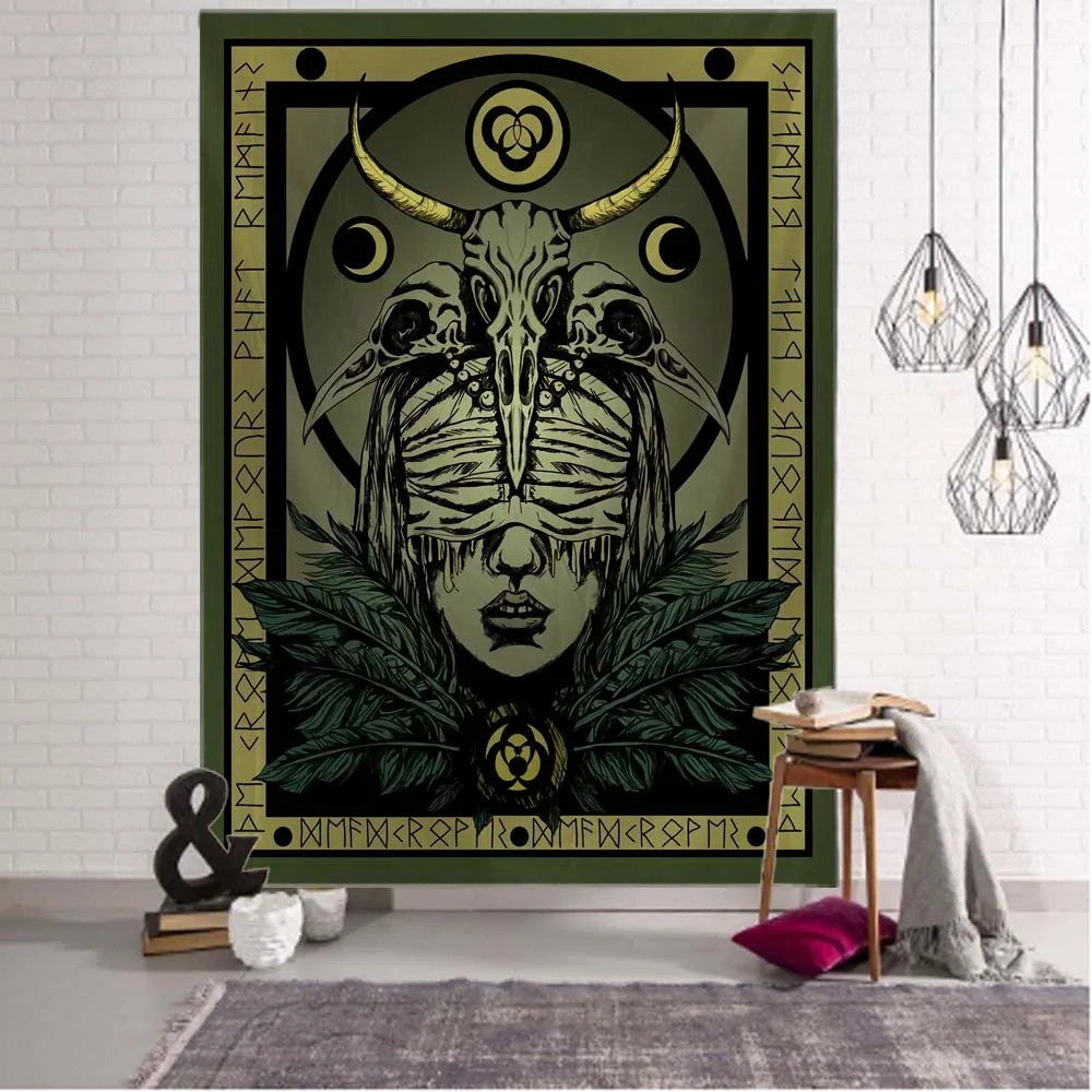 Nigikala Crow Tapestry Psychedelic Rune Character Art Wall Hanging Home Wall Decor Hippie Witchcraft Tarot Room Background Cloth