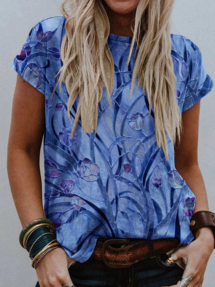 Bestdealfriday Blue Casual Floral Women Tee