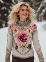 Boho Rose Gradient Knit Embroidered Art Women's Turtleneck Icelandic Sweater