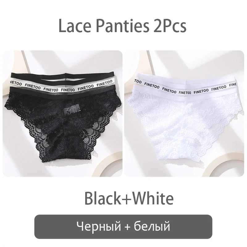 FINETOO 2Pcs Lace Panties Women Sexy Transparent Briefs Low Waist Floral Underwear Fashion Ladies Underpants L-2XL Girl Lingerie