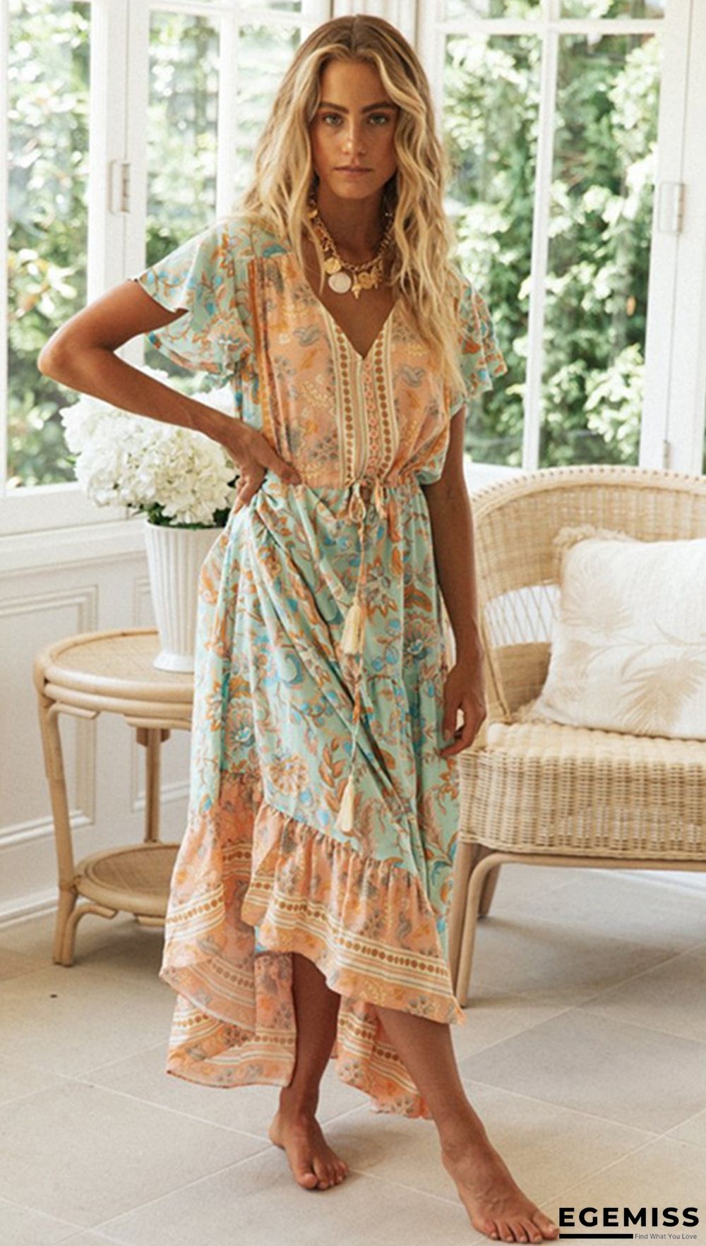 Bohemian Holiday Dress Positioning Flower Single Breasted Dress | EGEMISS