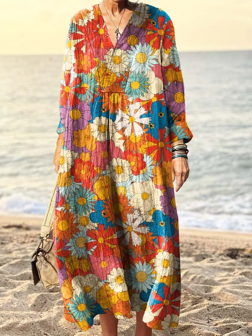 Women's Bright Floral Art Print V Neck Long Sleeve Dress