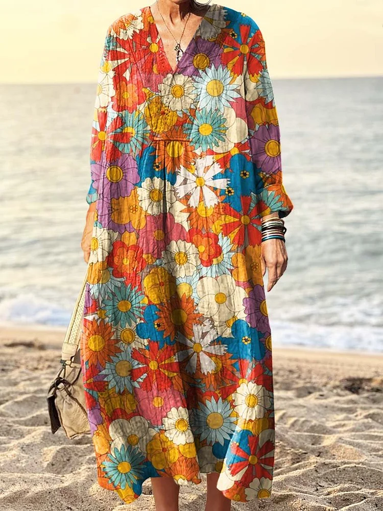 Women's Bright Floral Art Print V Neck Long Sleeve Dress