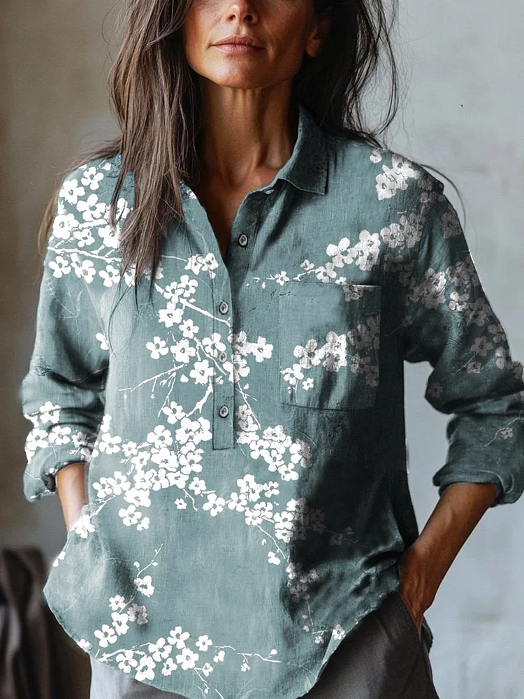Women's Japanese Classic Plum blossom Art Print Casual Cotton And Linen Shirt